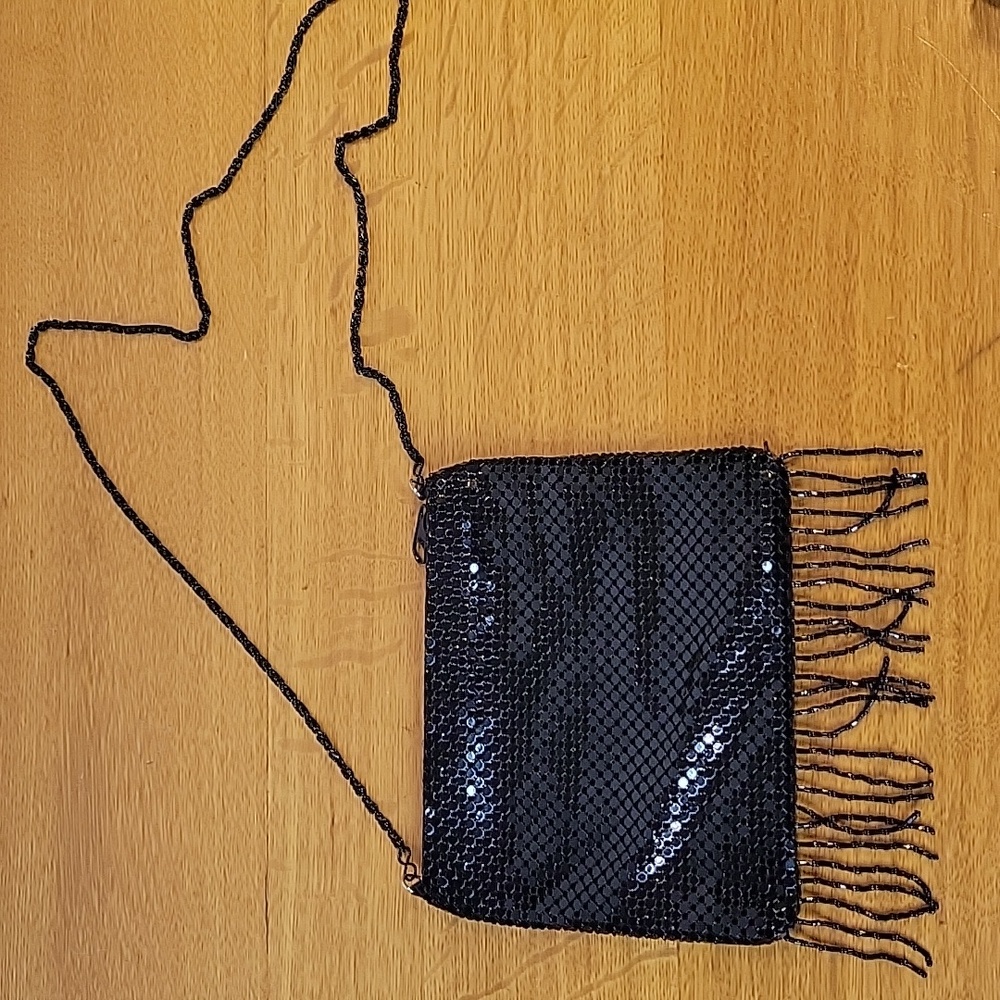 Black Beaded Crossbody Purse By NYTLITES  7¼ X 5⅝" With Fringe